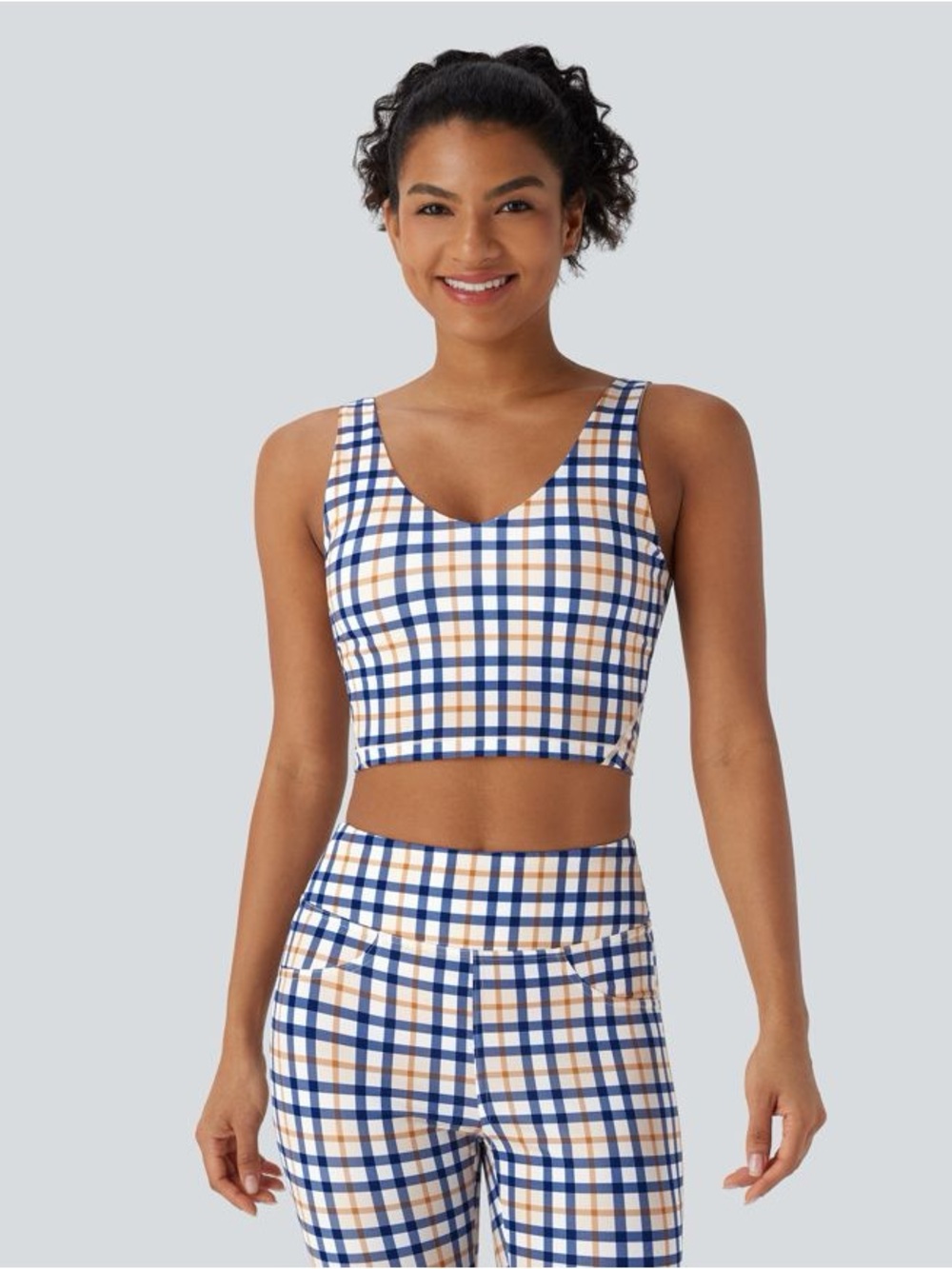 Halara V Neck Plaid Cool Touch Cropped Yoga Tank Top large